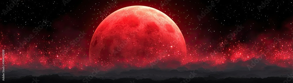 Poster red moon behind black clouds with abstract fire and smoke concept. a stunning red moon illuminates t