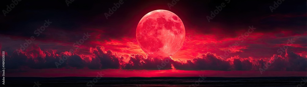 Aufkleber red moon behind black clouds in dark abstract sky concept. a dramatic red moon illuminating a dark, 