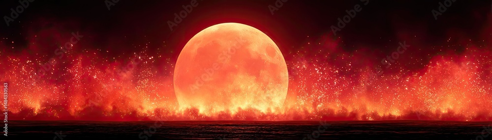 Poster red moon behind black clouds with abstract fire and smoke concept. majestic red moon illuminating th