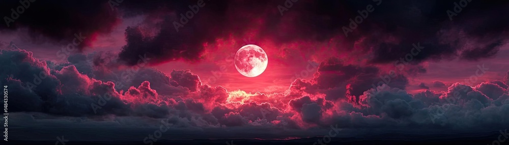 Poster red moon behind black clouds in dark abstract sky concept. a dramatic sunset with a striking red moo
