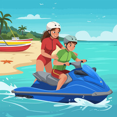 Obraz premium Riding Jet Ski with Instructor on Tropical Beach Getaway Vacation