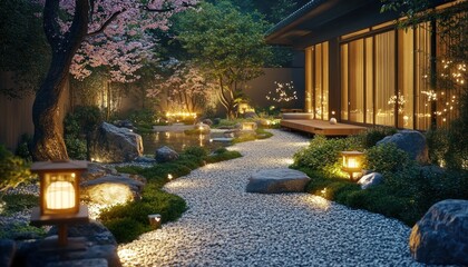 A serene stone pathway with bamboo, cherry blossoms, and lanterns by a pond 4. Generative AI