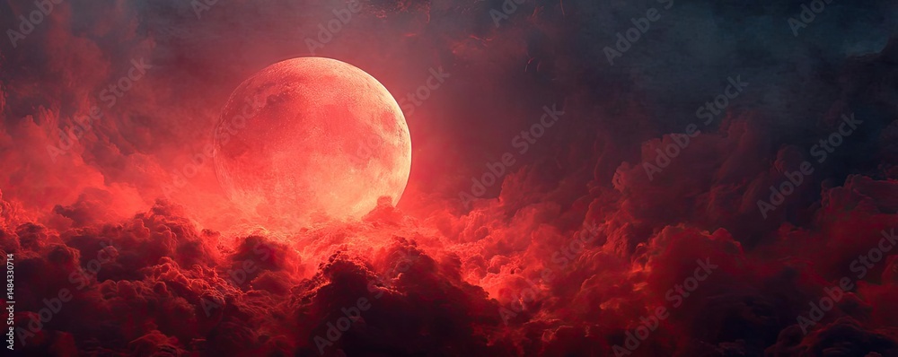 Poster red moon behind black clouds at night with abstract fire concept. a dramatic red moon illuminating d