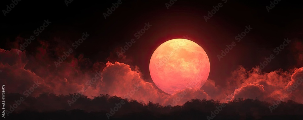 Poster red moon behind black clouds with abstract fire and smoke concept. a vibrant sunset casting a warm g