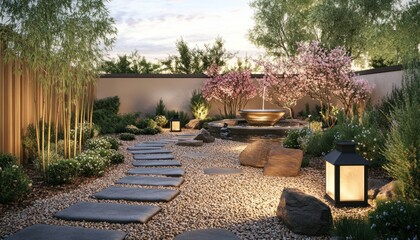 A serene stone pathway with bamboo, cherry blossoms, and lanterns by a pond 2. Generative AI