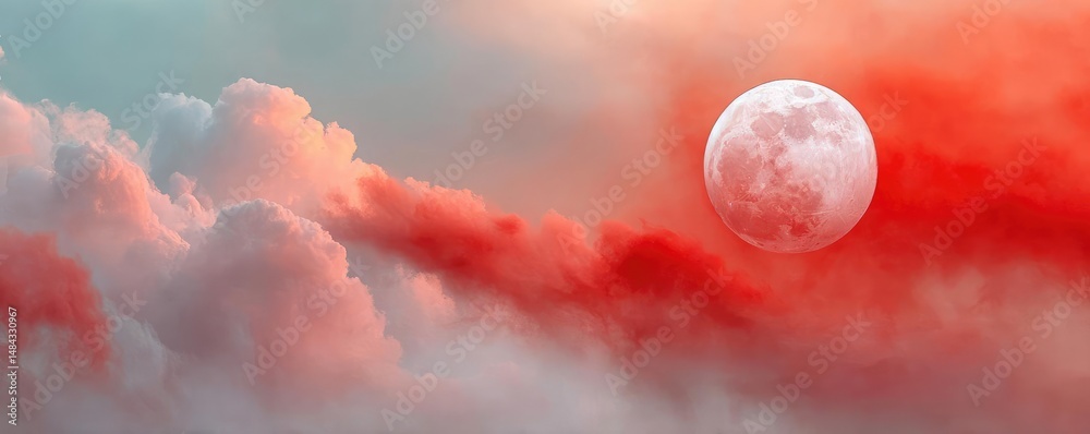 Poster Red moon behind black clouds in dark abstract sky concept. A captivating view of a moonlit sky filled with colorful clouds.