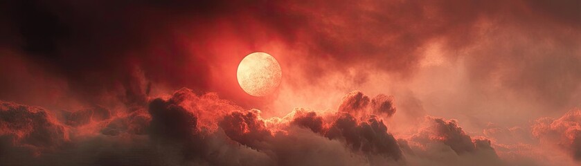 Obraz premium Red moon behind black clouds with abstract fire and smoke concept. A stunning sunset with vibrant colors and dramatic cloud formations.