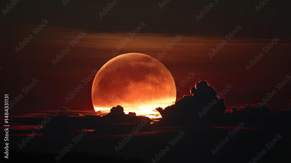 Poster red moon behind black clouds in dark abstract sky concept. majestic moonrise over clouds, casting a 