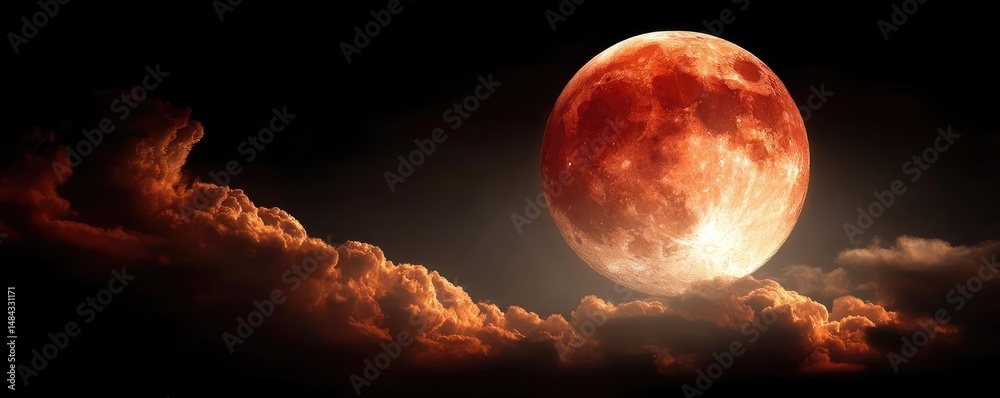 Poster red moon behind black clouds in dark abstract sky concept. a stunning view of a blood moon illuminat
