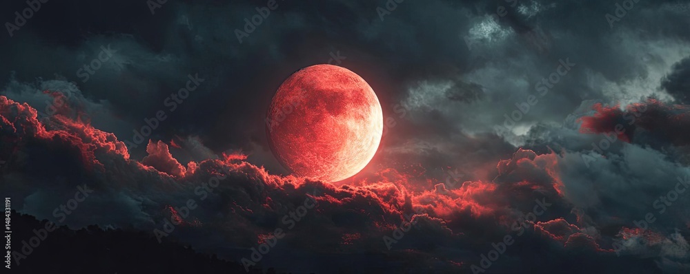 Aufkleber red moon behind black clouds in dark abstract sky concept. a striking red moon emerging amidst dark,