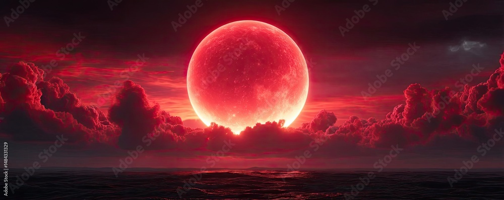 Poster red moon behind black clouds in dark abstract sky concept. a stunning view of a blood-red moon illum