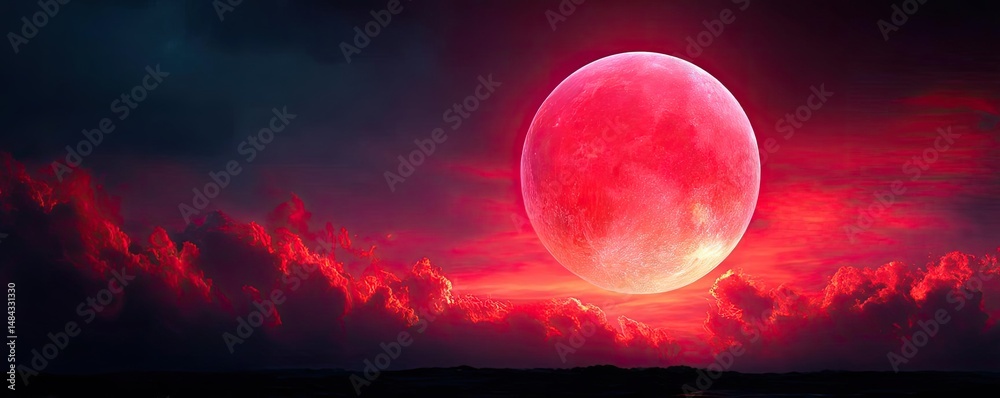 Poster red moon behind black clouds in dark abstract sky concept. stunning view of a red moon among dramati