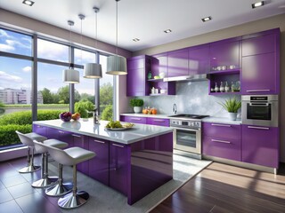 Modern Purple Kitchen Design: Large Windows & Contemporary Style Interior