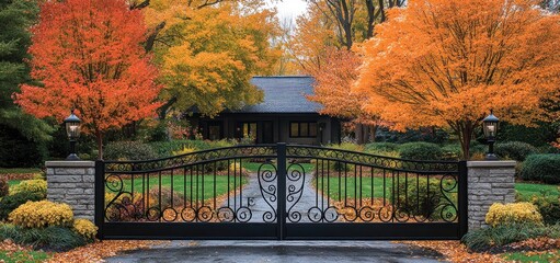 Obraz premium Autumnal Estate Entrance: Ornate Gate and Vibrant Foliage