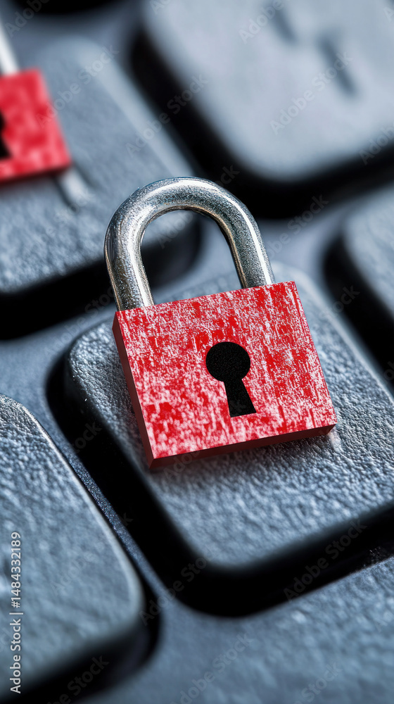 Poster a red lock is placed on a keyboard. the lock is positioned in the middle of the keyboard, with the k