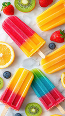 A colorful assortment of fruit popsicles and fruit on a table. The popsicles are in various colors and flavors, including blue, green, yellow, and red. The fruit includes kiwi, strawberries