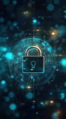 A blue and gold image of a key on a lock. The lock is surrounded by a circle of glowing lights. Concept of security and protection, as the key is the key to unlocking the lock
