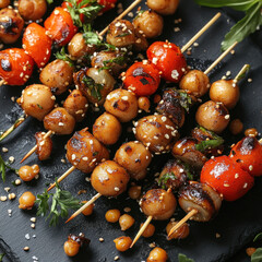 A plate of skewers with a variety of vegetables and spices. The skewers are arranged in a way that they look like they are ready to be eaten. The plate is set on a black background