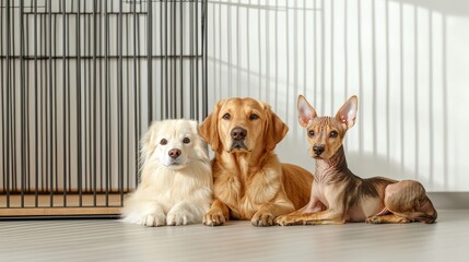 Three dogs of different breeds rest calmly together in a well lit room with sunlight streaming through a window and casting shadows on the wall next to a cage.