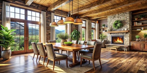 Modern Rustic Dining Room Interior Design, Farmhouse Style Kitchen, Cozy Home Decor, Wooden Table & Chairs Illustration