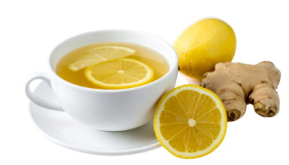 Ginger and lemon with refreshing drink on white background
