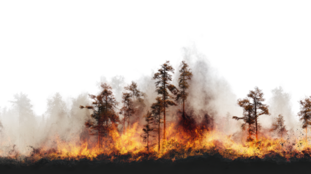 Forest fire with towering flames and smoke.
