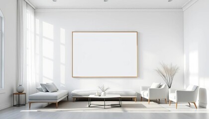 Minimalist white living room, subtle furniture, empty wall, frame mockup, white,  photo mockup