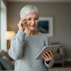 Senior Woman Using Tablet at Home, Grey Sweater, Relaxed Atmosphere, Modern Living Room