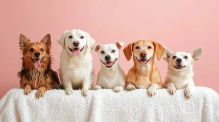 A delightful gathe of five happy dogs showcases diverse breeds posing together on a plush white blanket against a soft pink backdrop, radiating joy and charm.