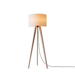 Minimalist Floor Lamp with Fabric Shade and Wooden Tripod Legs on Transparent Background