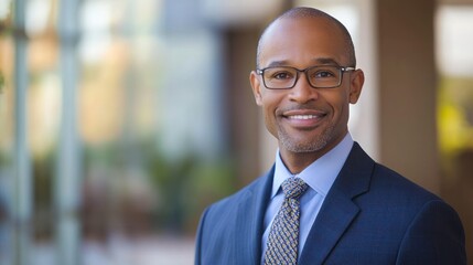 Fototapeta premium A smiling African American man in a suit and tie, standing outdoors in front of a blurred background.