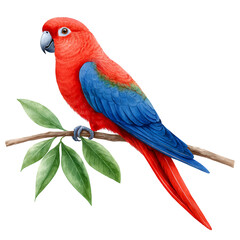 Fototapeta premium Red and blue parrot perched on a branch with green leaves against a black background. Watercolor style illustration with detailed feathers and textures.
