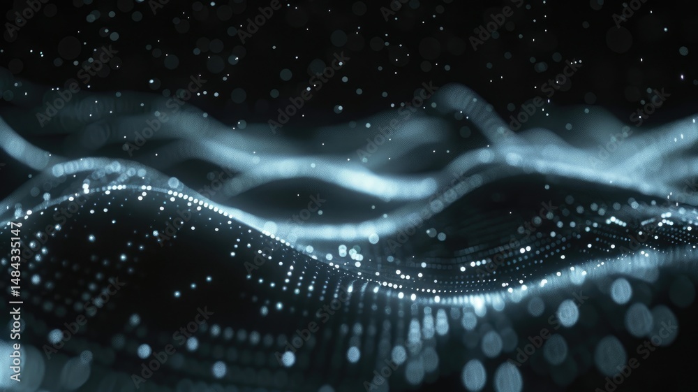 Poster abstract picture micro light sparkling particle represent data flow. vivid flowing wave with high te
