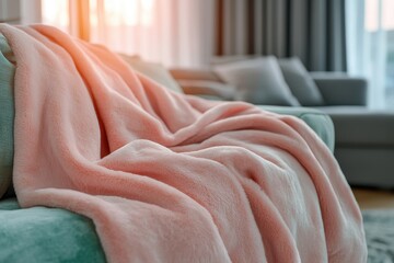 Soft pink plush throw draped on teal couch
