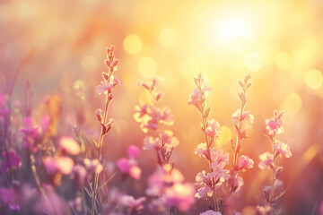 Soft pastel wildflowers glowing in the warm golden sunlight with bokeh background, perfect for serene and romantic designs.