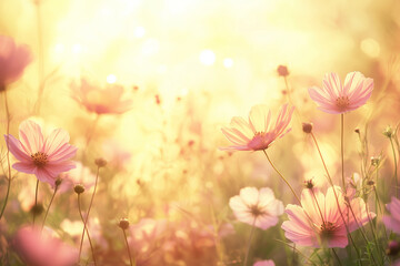Soft pastel wildflowers glowing under golden sunlight, creating a dreamy natural background.