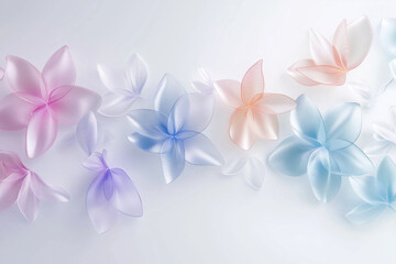 Elegant 3D floral composition featuring translucent petals in soft pastel tones on a white background, ideal for decorative and design uses.