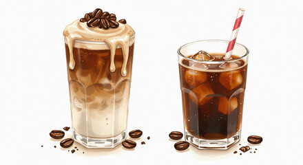 Watercolor Illustrations of Two Iced Coffee Drinks with Variations - Refreshing Beverages