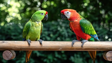 Obraz premium Two colorful parrots, a vibrant green one and a striking red macaw, perch side by side on a wooden beam against a lush green foliage backdrop in the sunlight.
