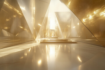 A luminous geometric interior featuring a futuristic temple with reflective golden surfaces and ambient lighting.