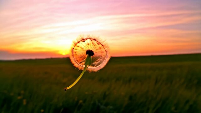 Dandelion seed head with delicate parachute at colorful sunset sky over field, freedom concept, botanical silhouette