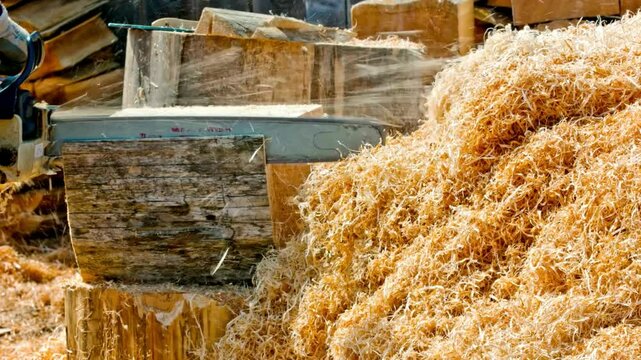 Chainsaw Cutting Wood, Close-up of Saw Blade and Wood Shavings