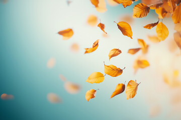 Golden autumn leaves gently falling against a soft blue gradient background, capturing the serene transition of seasons.