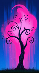 Stylized Tree with Pinkish Glow and Abstract Blue Background - Ethereal Art
