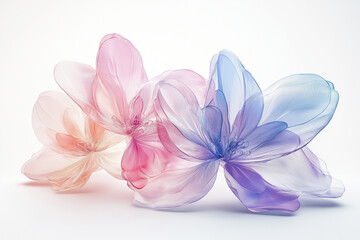 3D abstract floral artwork with transparent, pastel-colored petals floating in minimal white space.