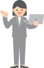 パソコンを片手に説明するスーツの女性