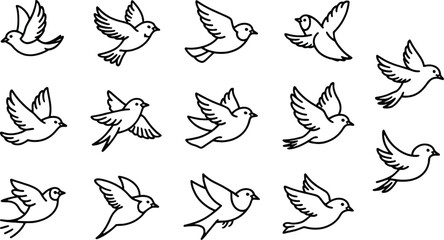 Flying birds in seamless pattern of black and white outlines with natural dynamic poses