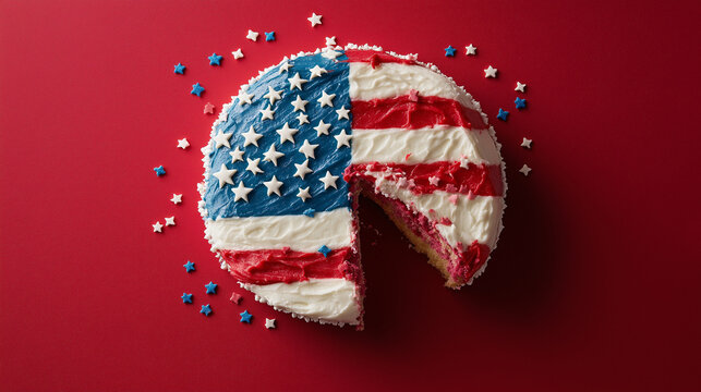 "Patriotic American Flag Cake on Red Background – 4th of July Dessert with Red, White & Blue Frosting and Star Sprinkles"
