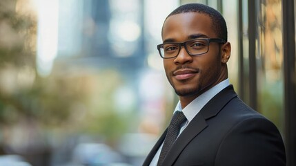 Fototapeta premium A confident, well-dressed African American man in a suit and tie, standing in front of a blurred cityscape.