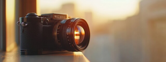 Vintage camera at sunset